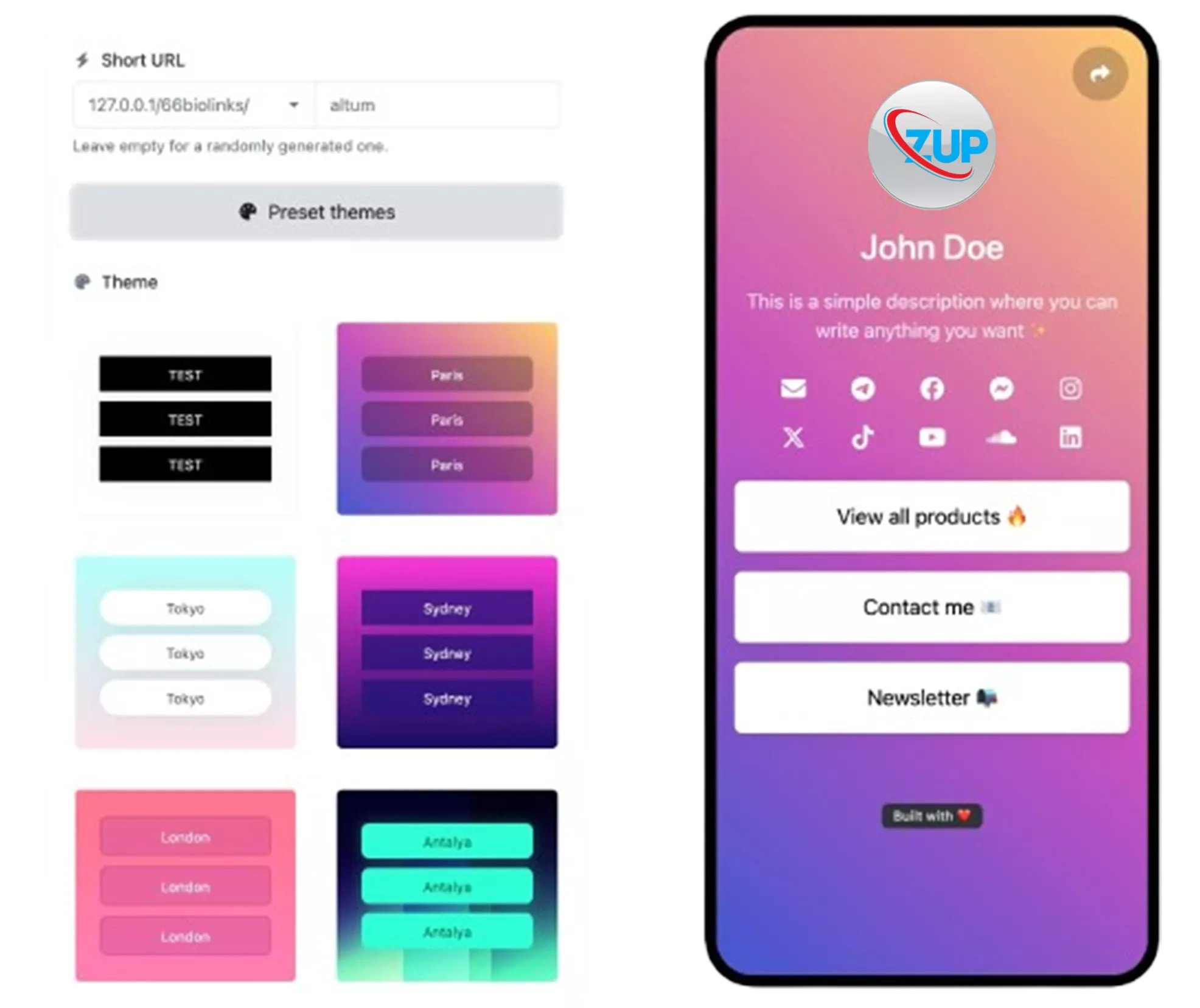 Screenshot of the app biolink editing page